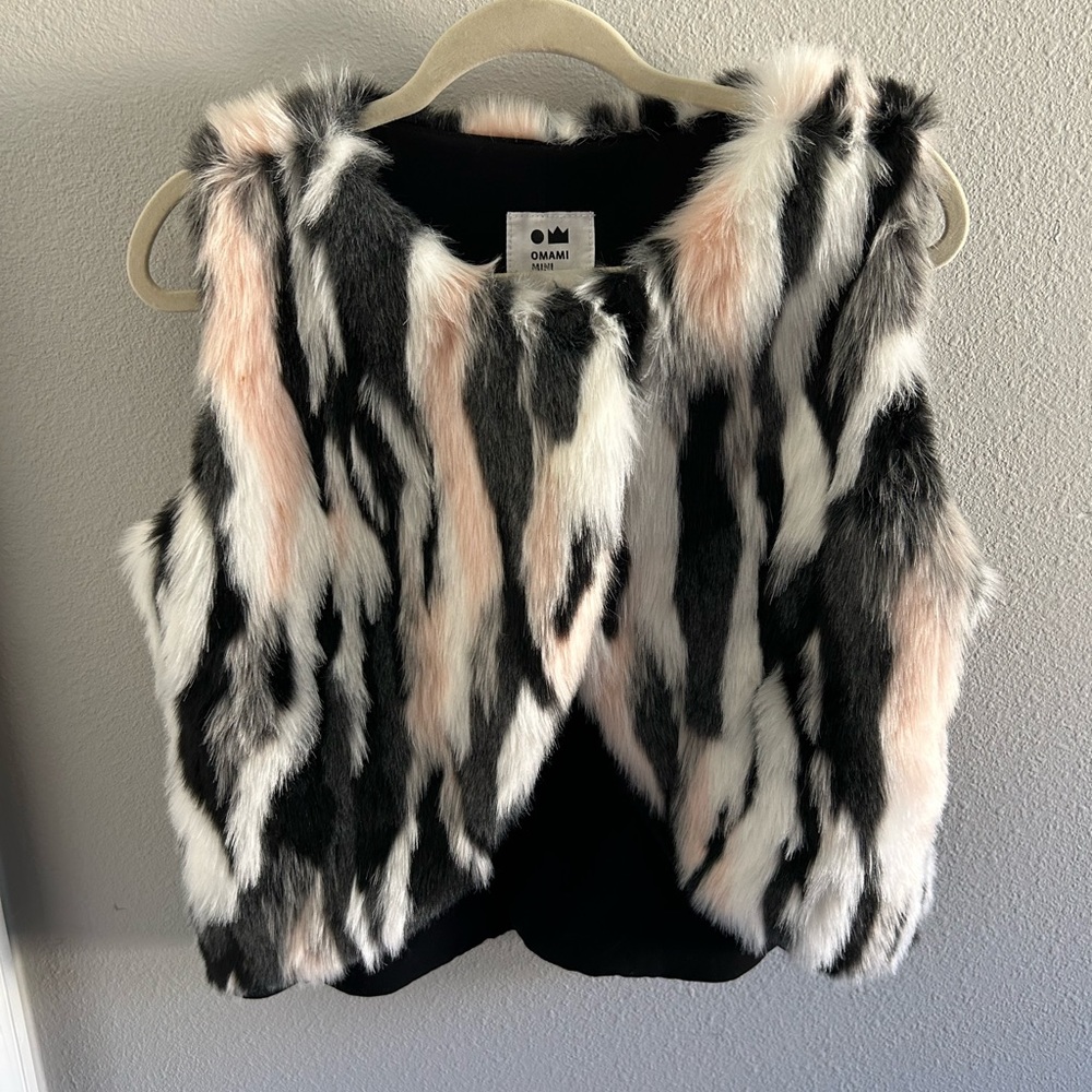 OMAMI mini KIDS Faux Fur Coat in Pink Black and White Size: 12